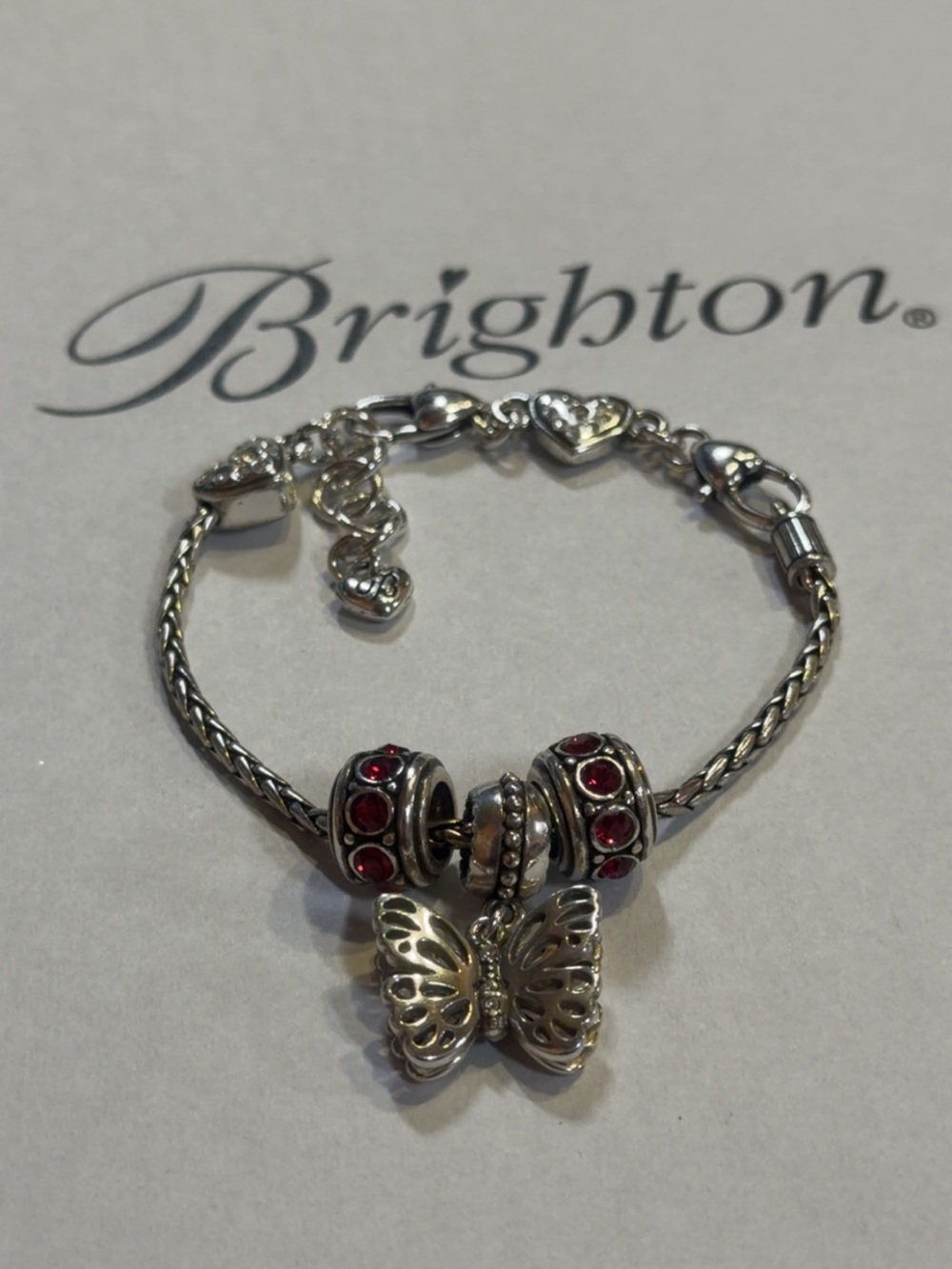 💕🦋Brighton Magenta Butterfly SWAROVSKI CRYSTAL SILVER Heart Charm Bracelet!